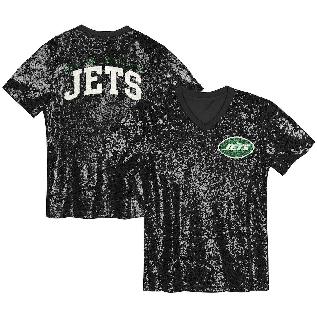 New York Jets Girls Youth Wordmark Sequin V-Neck Top - Black Tops