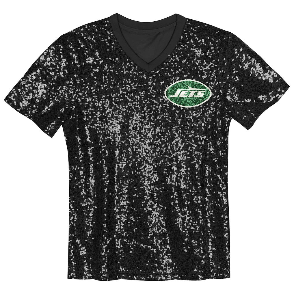 New York Jets Girls Youth Wordmark Sequin V-Neck Top - Black Tops