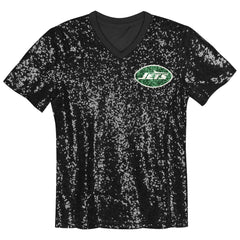 New York Jets Girls Youth Wordmark Sequin V-Neck Top - Black Tops