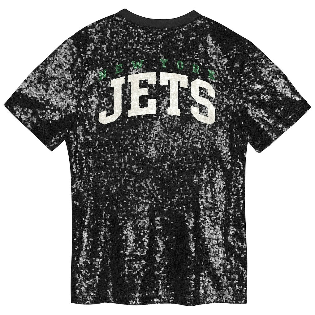 New York Jets Girls Youth Wordmark Sequin V-Neck Top - Black Tops