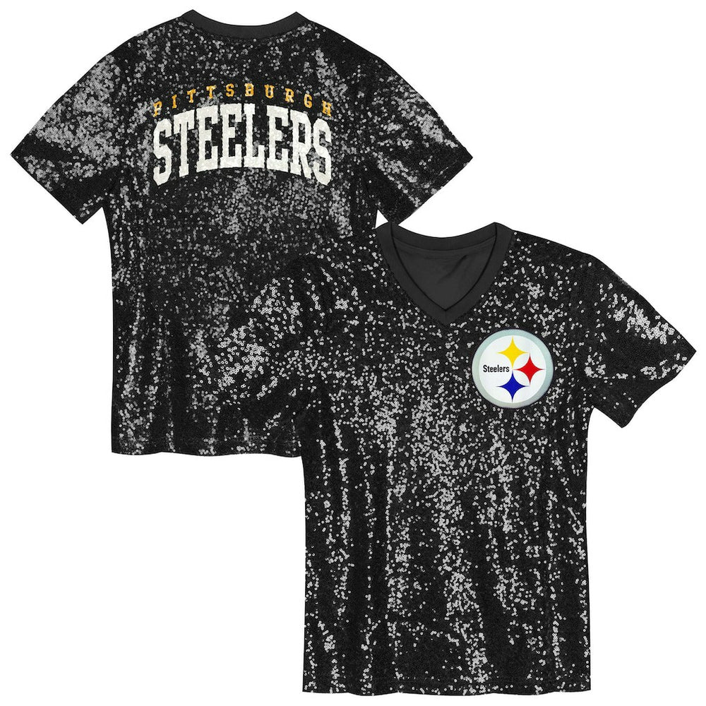 Pittsburgh Steelers Girls Youth Wordmark Sequin V-Neck Top - Black Tops