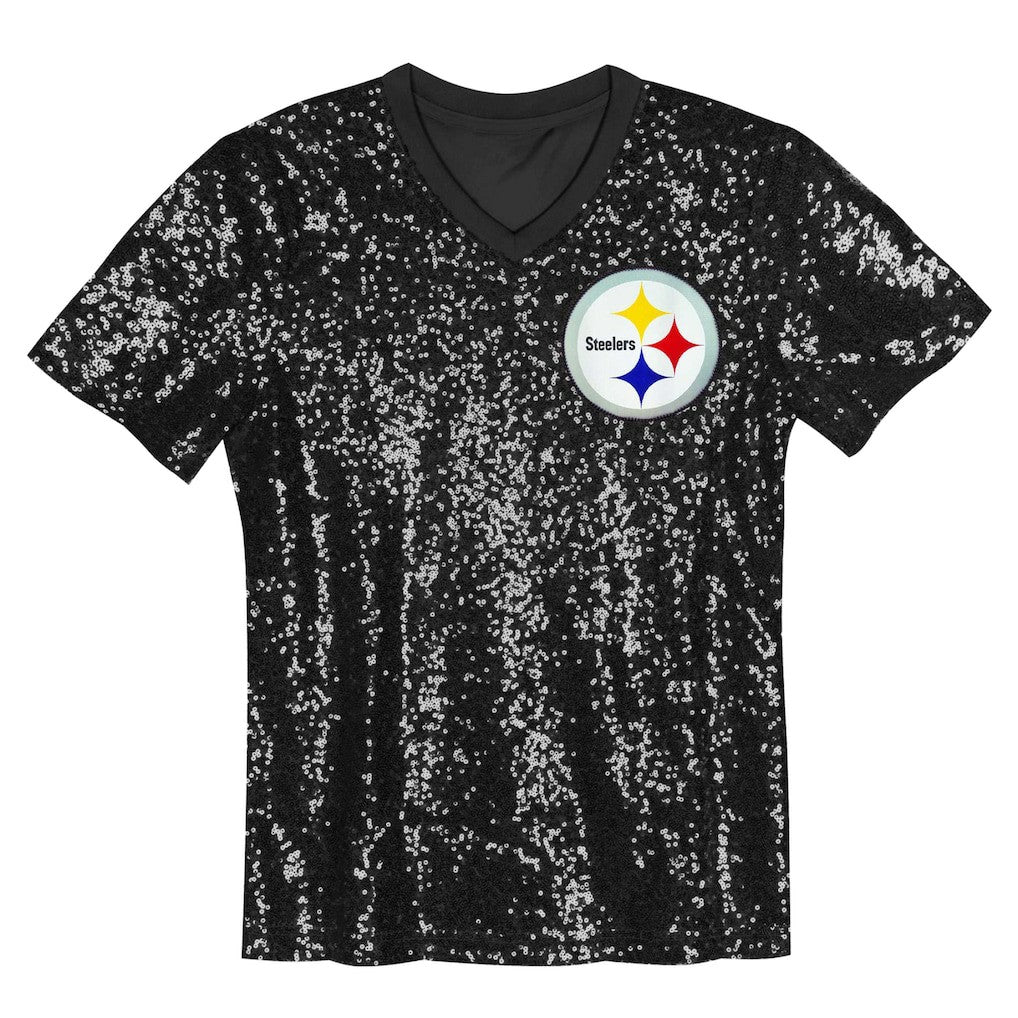 Pittsburgh Steelers Girls Youth Wordmark Sequin V-Neck Top - Black Tops