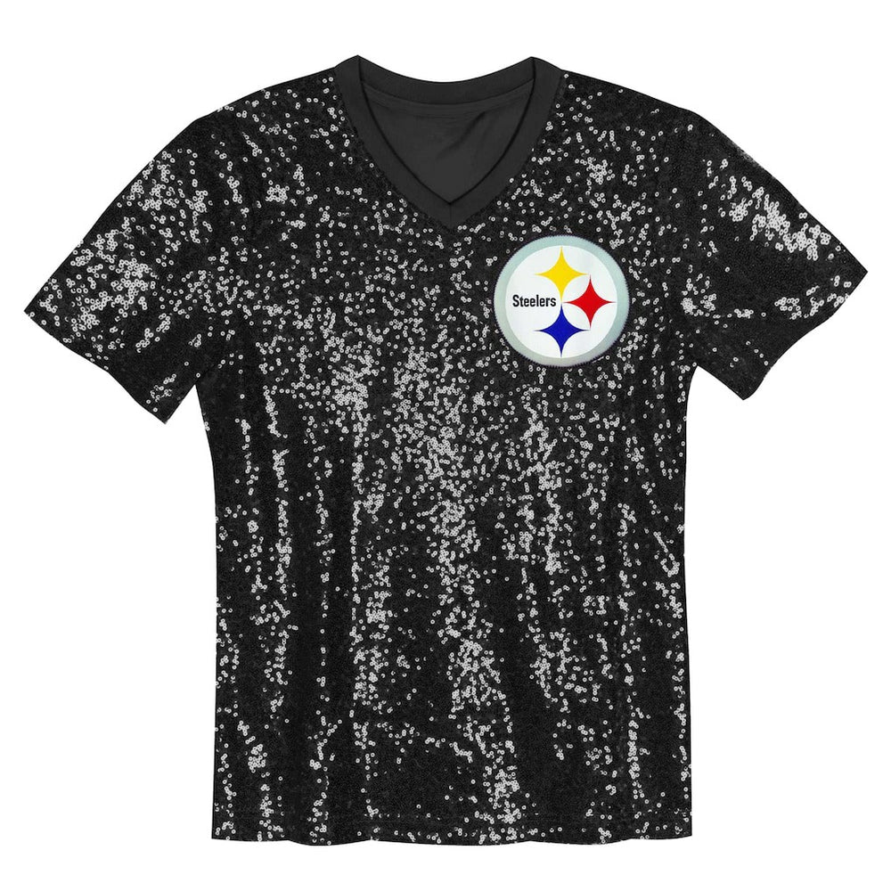 Pittsburgh Steelers Girls Youth Wordmark Sequin V-Neck Top - Black Tops