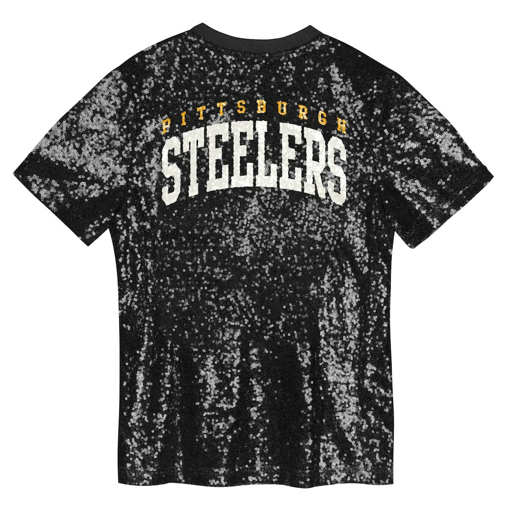 Pittsburgh Steelers Girls Youth Wordmark Sequin V-Neck Top - Black Tops