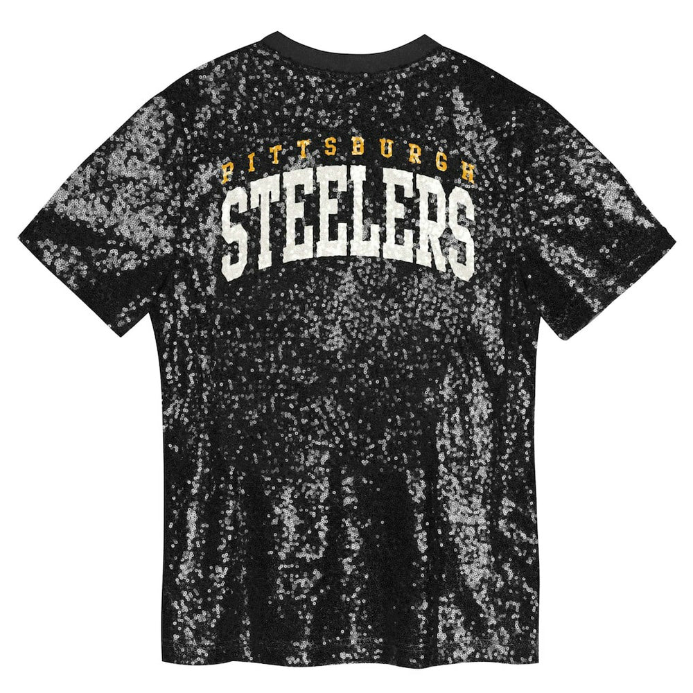 Pittsburgh Steelers Girls Youth Wordmark Sequin V-Neck Top - Black Tops