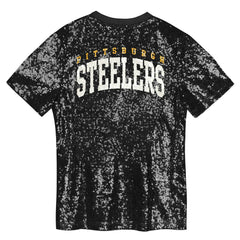 Pittsburgh Steelers Girls Youth Wordmark Sequin V-Neck Top - Black Tops