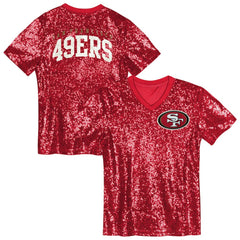 San Francisco 49ers Girls Youth Wordmark Sequin V-Neck Top - Scarlet Tops