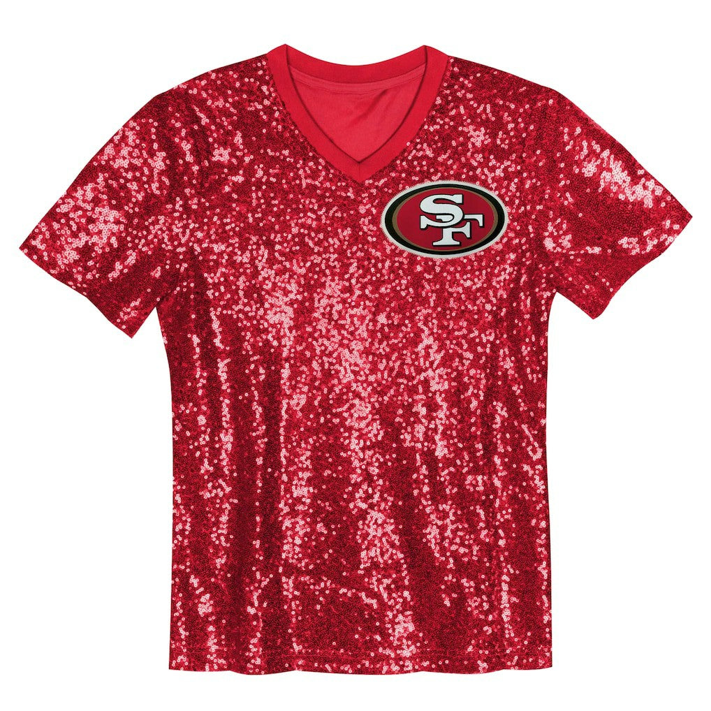 San Francisco 49ers Girls Youth Wordmark Sequin V-Neck Top - Scarlet Tops