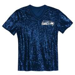 Seattle Seahawks Girls Youth Wordmark Sequin V-Neck Top - College Navy Tops