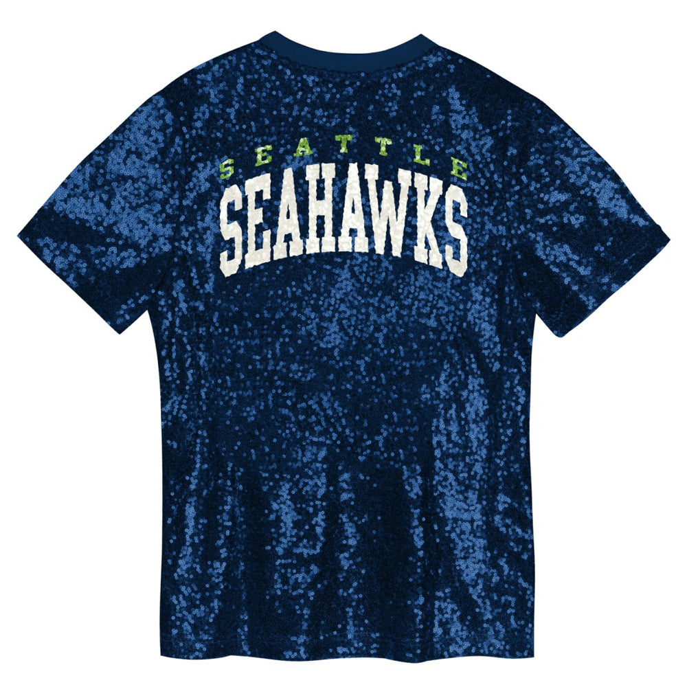 Seattle Seahawks Girls Youth Wordmark Sequin V-Neck Top - College Navy Tops