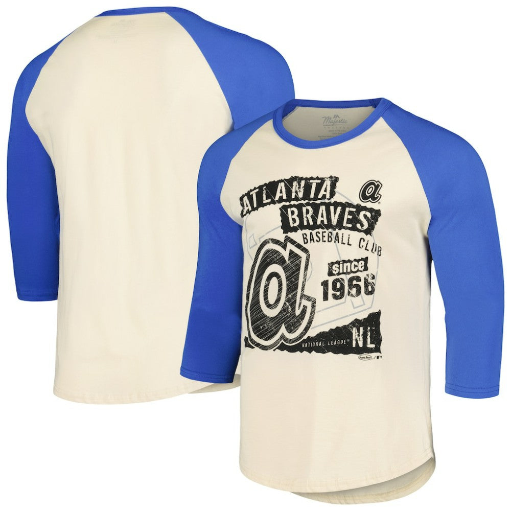 Atlanta Braves Majestic Threads Raglan 3/4-Sleeve T-Shirt - Cream/Royal T-shirts