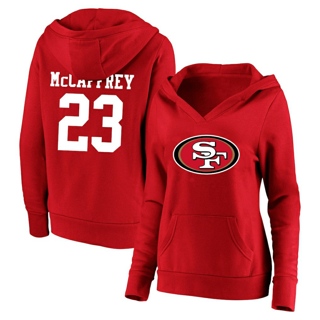 Christian McCaffrey San Francisco 49ers Women's Plus Size Player Name & Number V-Neck Pullover Hoodie - Scarlet Hoodies