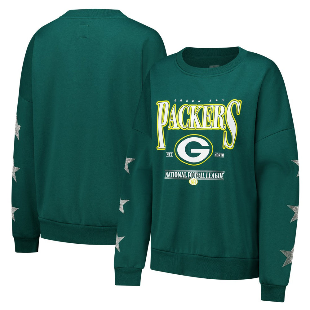 Green Bay Packers Gameday Couture Women's Rhinestone Star Sleeve Settle the Score Oversized Pullover Sweatshirt - Green Pullover