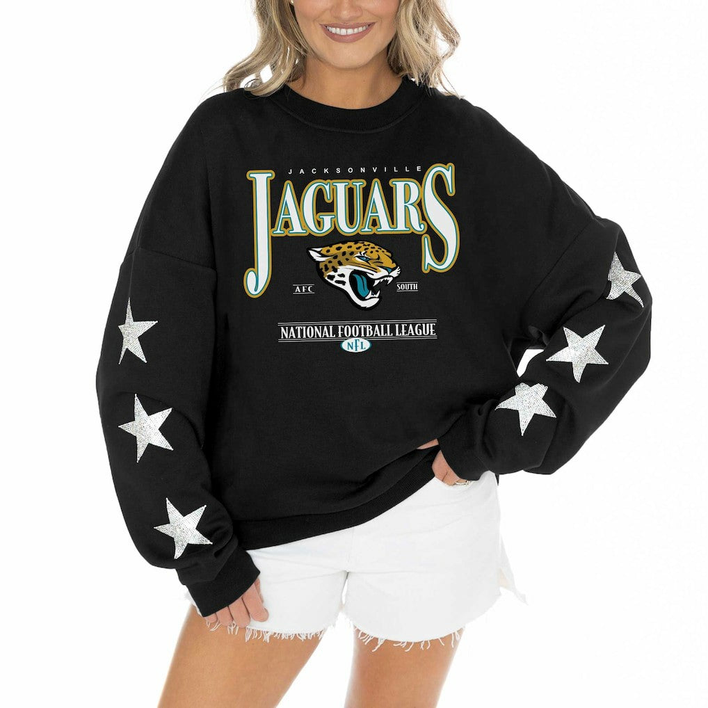 Jacksonville Jaguars Gameday Couture Women's Rhinestone Star Sleeve Settle the Score Oversized Pullover Sweatshirt - Black Pullover