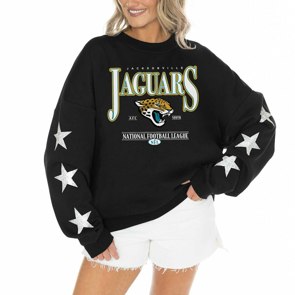 Jacksonville Jaguars Gameday Couture Women's Rhinestone Star Sleeve Settle the Score Oversized Pullover Sweatshirt - Black Pullover