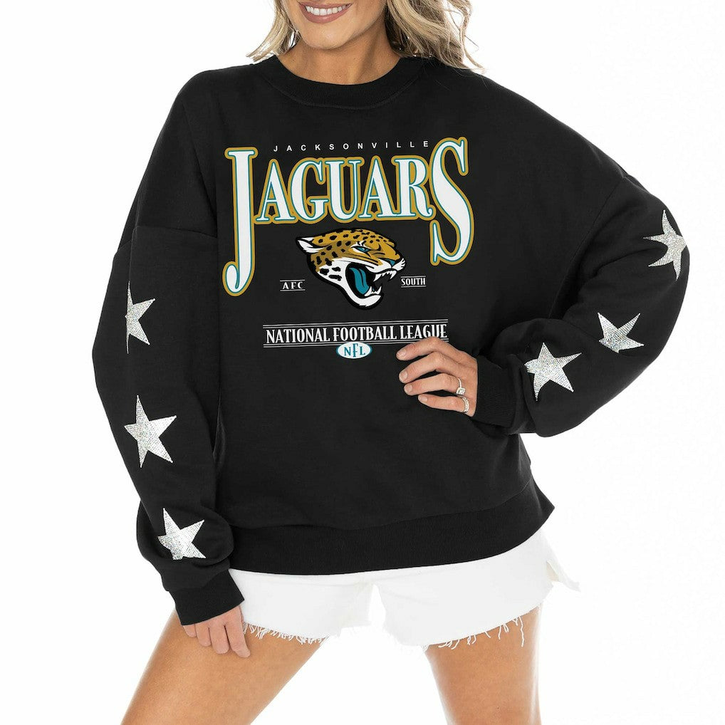 Jacksonville Jaguars Gameday Couture Women's Rhinestone Star Sleeve Settle the Score Oversized Pullover Sweatshirt - Black Pullover