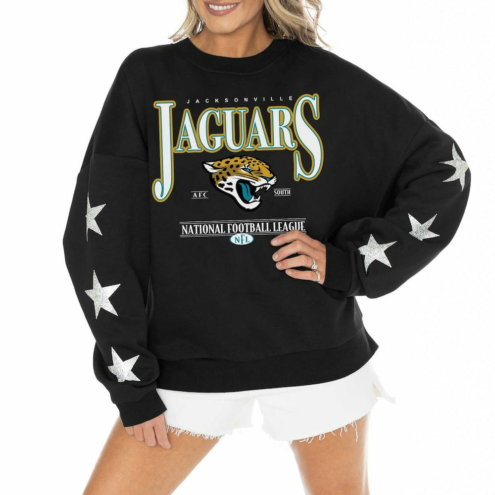 Jacksonville Jaguars Gameday Couture Women's Rhinestone Star Sleeve Settle the Score Oversized Pullover Sweatshirt - Black Pullover