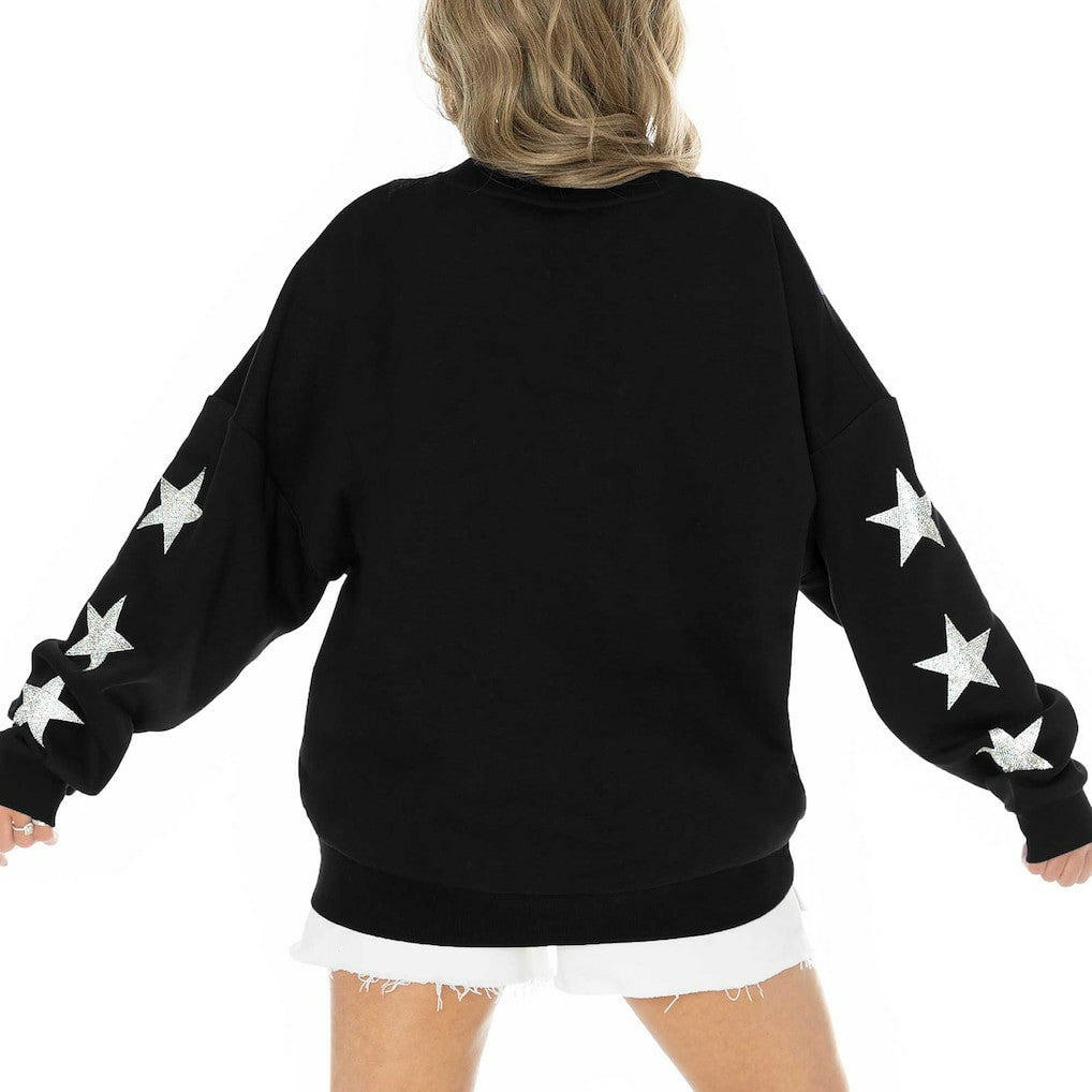 Jacksonville Jaguars Gameday Couture Women's Rhinestone Star Sleeve Settle the Score Oversized Pullover Sweatshirt - Black Pullover