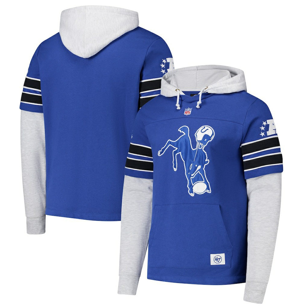 Indianapolis Colts '47 Throwback Double Header Blitz Cornerback Hoodie - Royal Hoodies