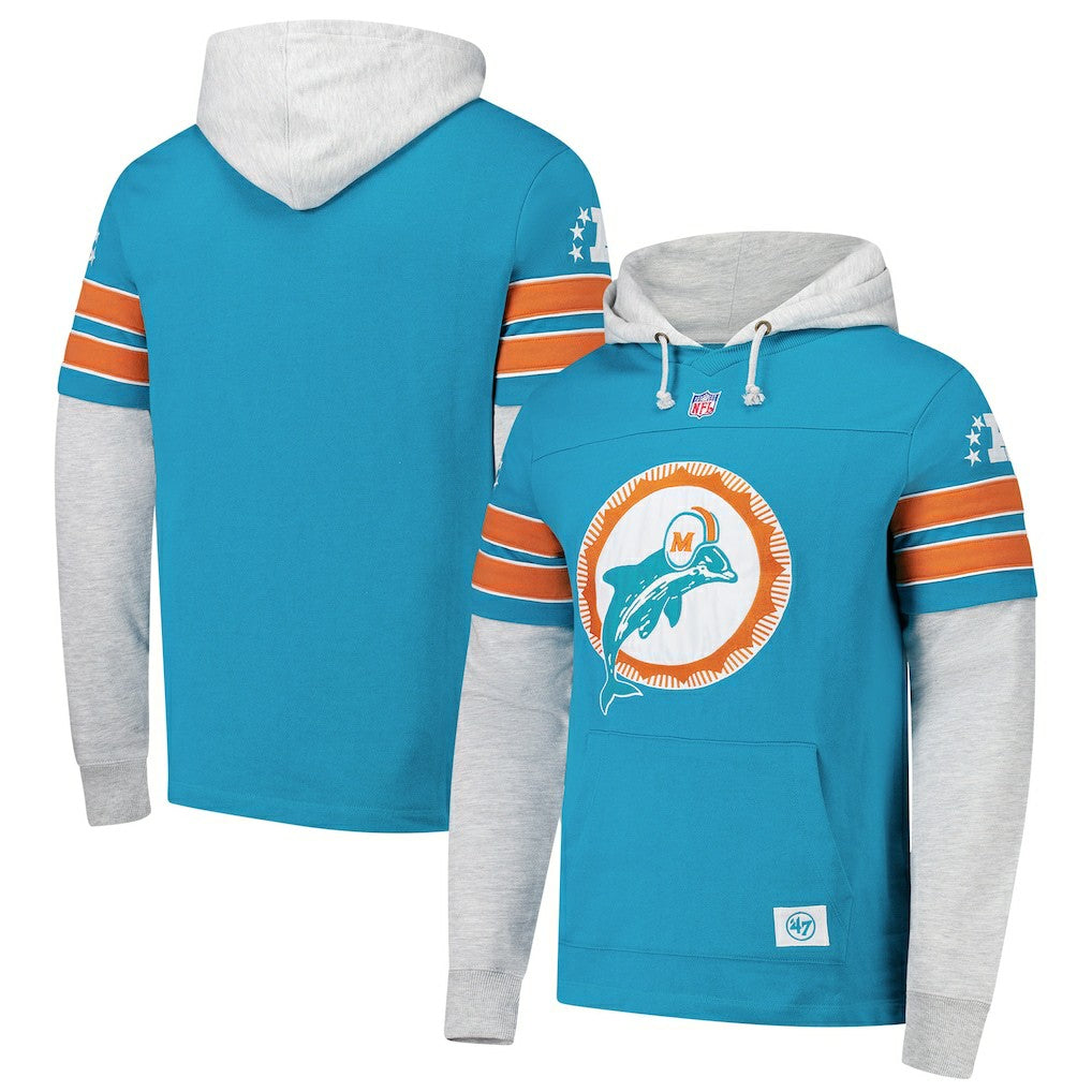 Miami Dolphins '47 Throwback Double Header Blitz Cornerback Hoodie - Aqua Hoodies