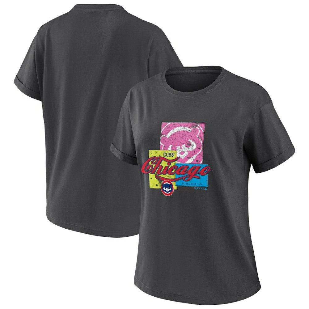 Chicago Cubs WEAR by Erin Andrews Women's Domestic Box Color Boyfriend T-Shirt - Charcoal T-shirts
