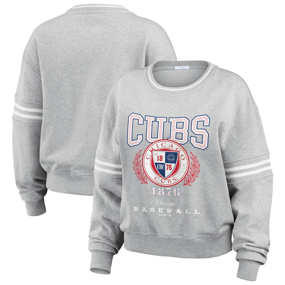 Chicago Cubs WEAR by Erin Andrews Women's Domestic Crest Pullover Sweatshirt - Heather Gray Pullover