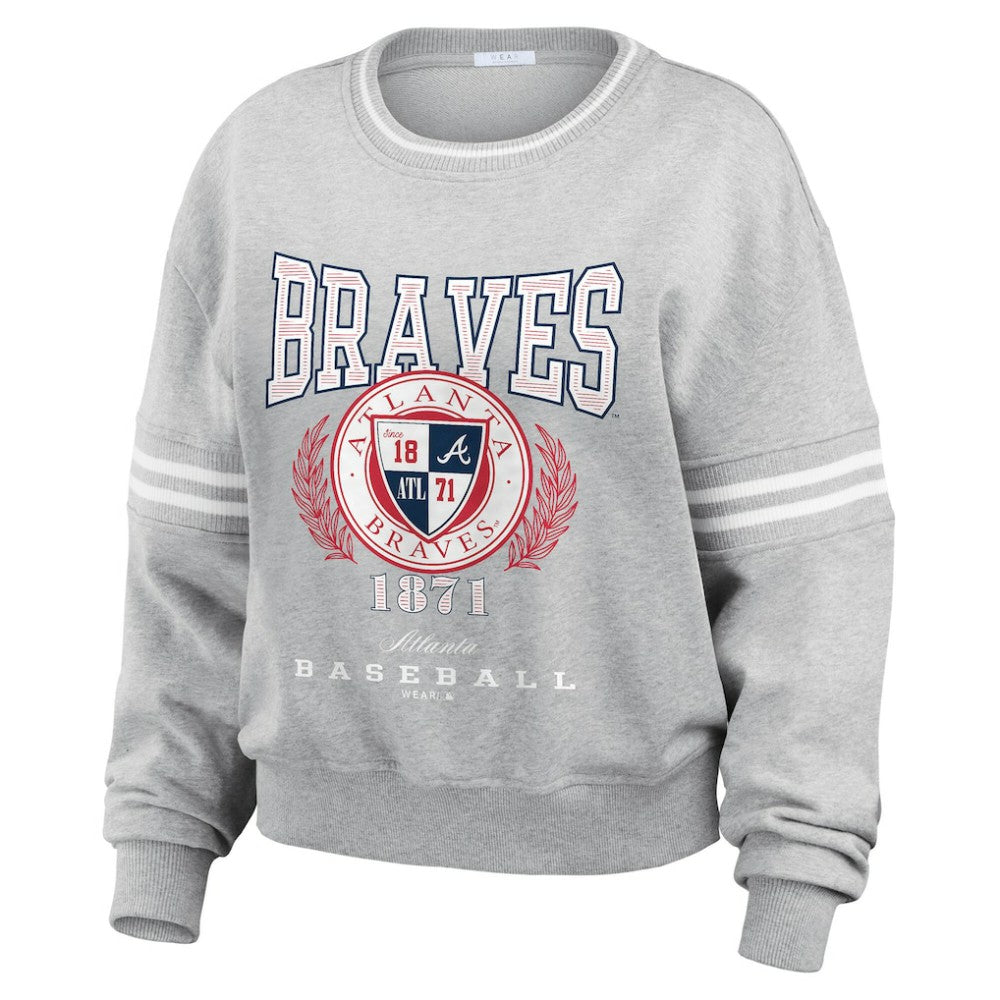 Atlanta Braves WEAR by Erin Andrews Women's Domestic Crest Pullover Sweatshirt - Heather Gray Pullover
