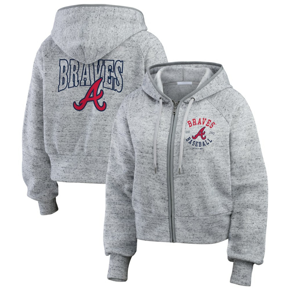 Atlanta Braves WEAR by Erin Andrews Women's Speckled Fleece Cropped Full-Zip Hoodie - Heather Gray Hoodies