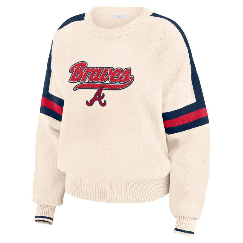 Atlanta Braves WEAR by Erin Andrews Women's Stripe Pullover Sweater - Cream Pullover