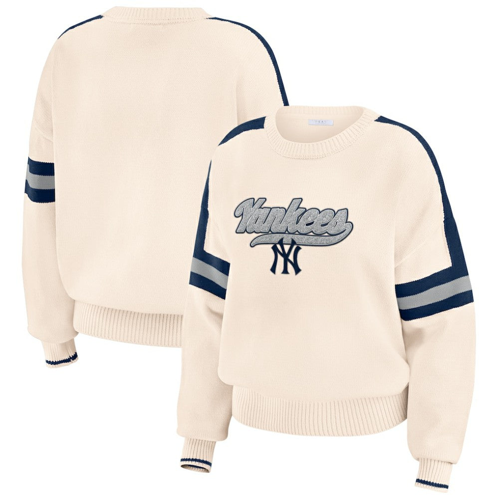 New York Yankees WEAR by Erin Andrews Women's Stripe Pullover Sweater - Cream Pullover