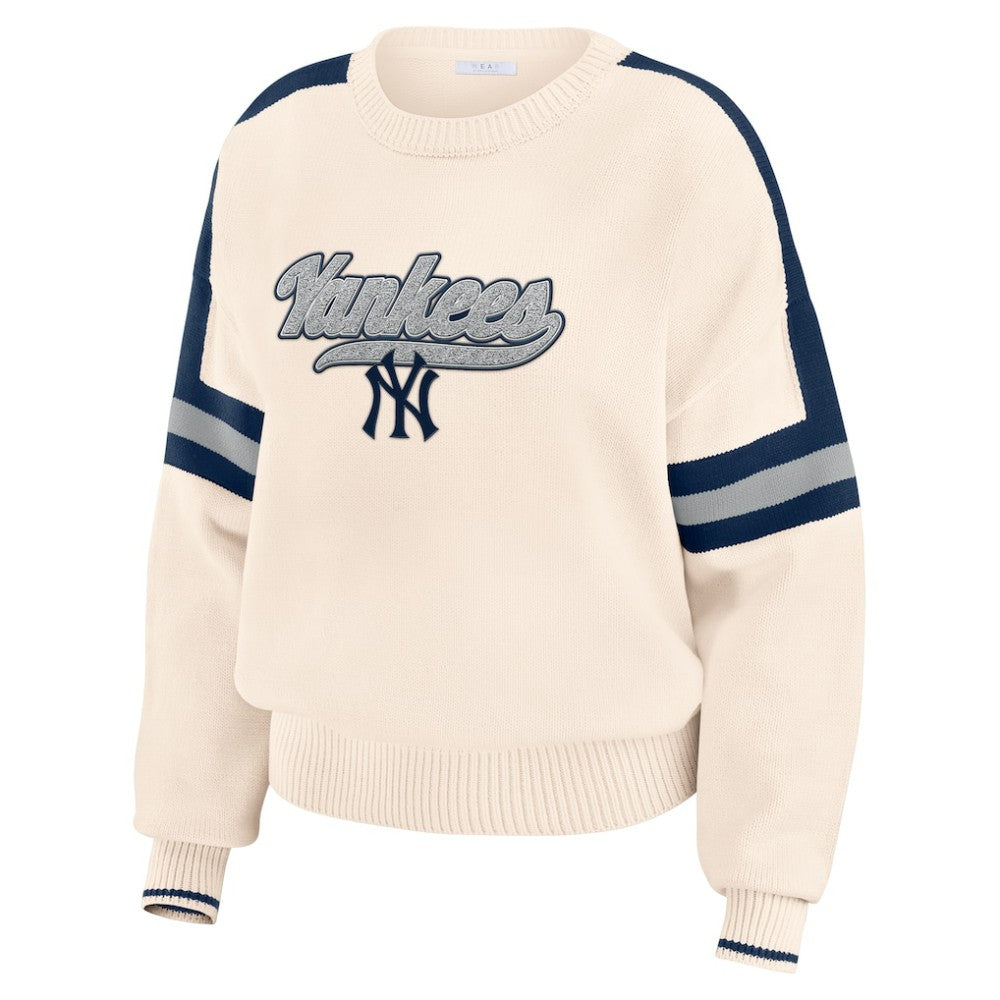 New York Yankees WEAR by Erin Andrews Women's Stripe Pullover Sweater - Cream Pullover