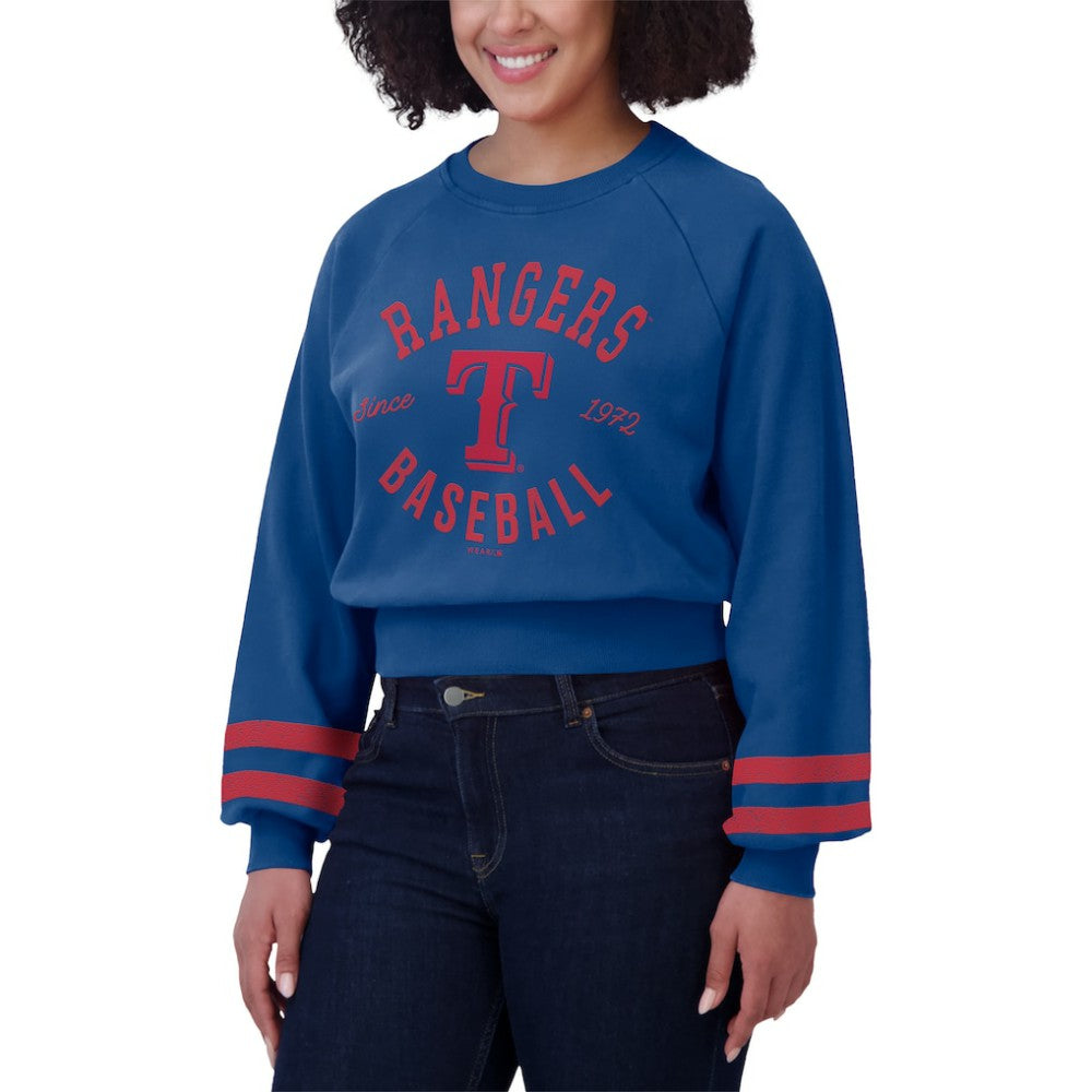 Texas Rangers WEAR by Erin Andrews Women's Vintage Washed Cropped Pullover Sweatshirt - Royal Pullover