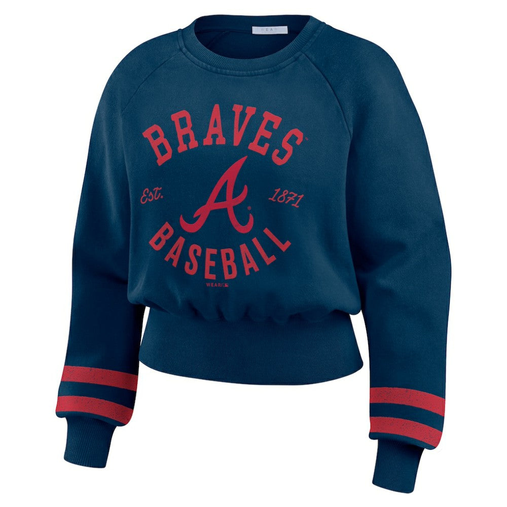 Atlanta Braves WEAR by Erin Andrews Women's Vintage Washed Cropped Pullover Sweatshirt - Navy Pullover