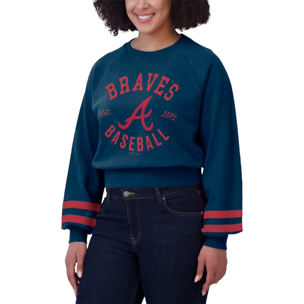 Atlanta Braves WEAR by Erin Andrews Women's Vintage Washed Cropped Pullover Sweatshirt - Navy Pullover