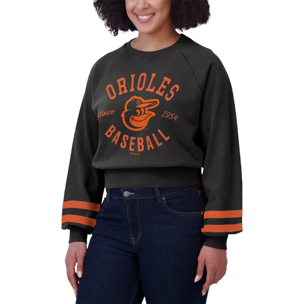 Baltimore Orioles WEAR by Erin Andrews Women's Vintage Washed Cropped Pullover Sweatshirt - Black Pullover