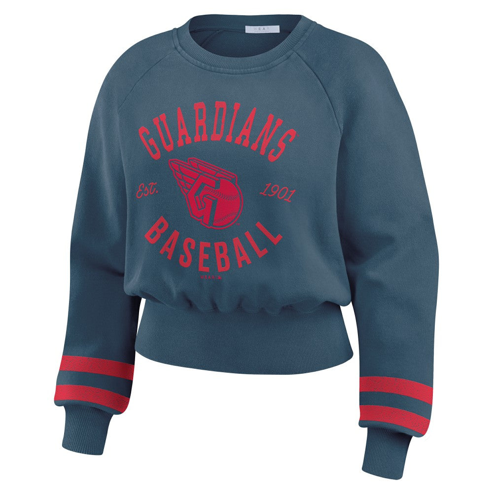 Cleveland Guardians WEAR by Erin Andrews Women's Vintage Washed Cropped Pullover Sweatshirt - Navy Pullover