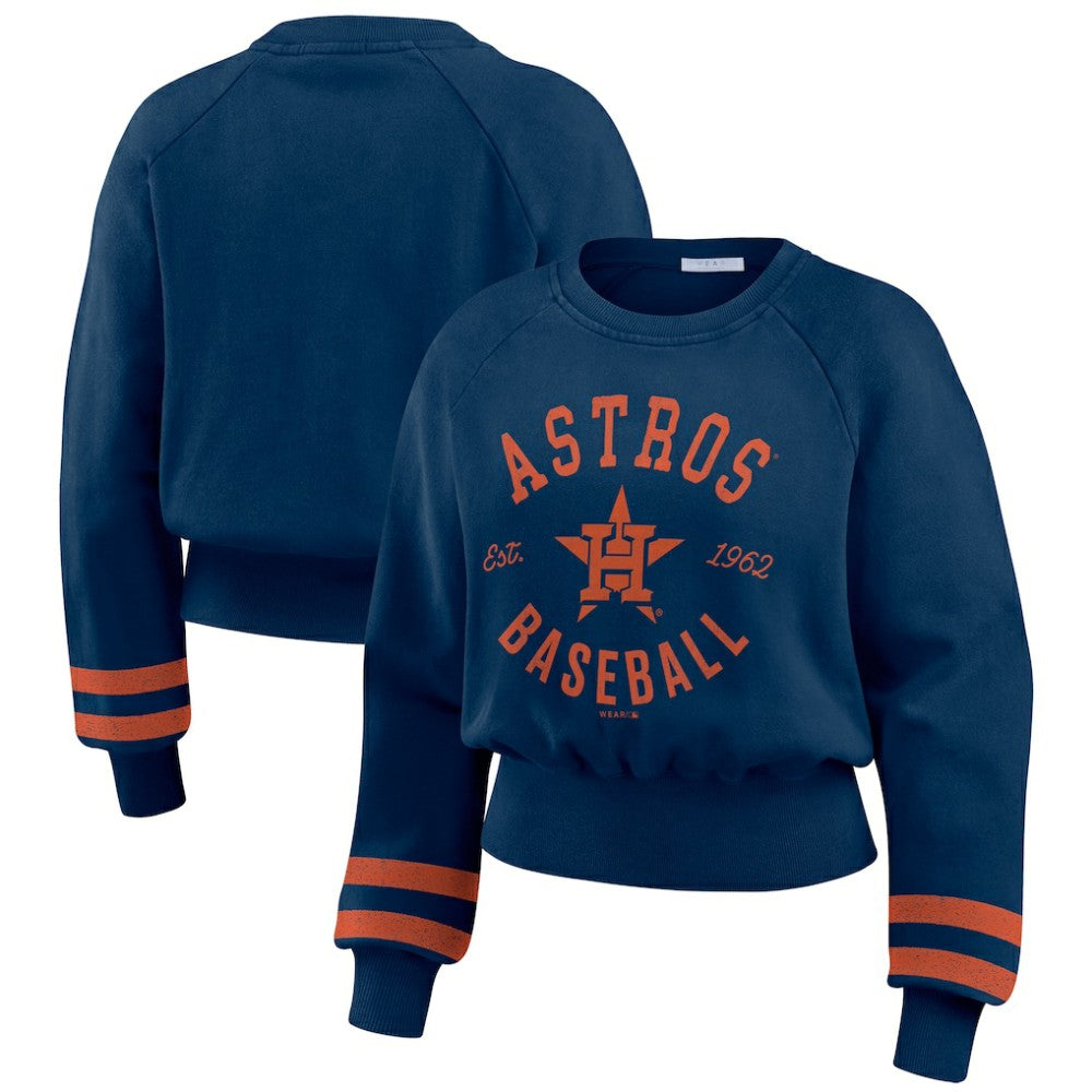 Houston Astros WEAR by Erin Andrews Women's Vintage Washed Cropped Pullover Sweatshirt - Navy Pullover