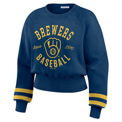 Milwaukee Brewers WEAR by Erin Andrews Women's Vintage Washed Cropped Pullover Sweatshirt - Navy Pullover