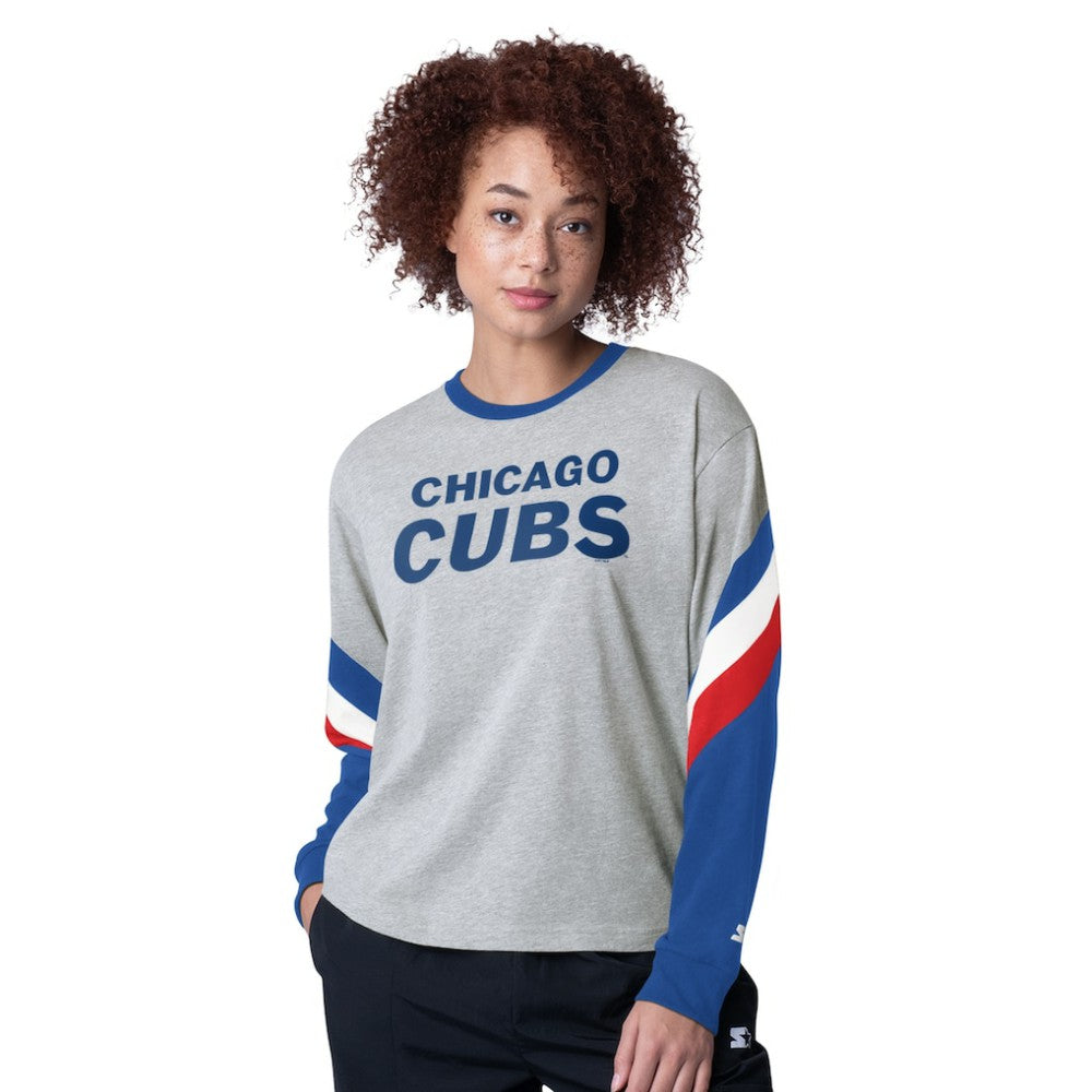 Chicago Cubs Starter Women's Triple A Fashion Color Block Long Sleeve Top - Heather Gray Tops