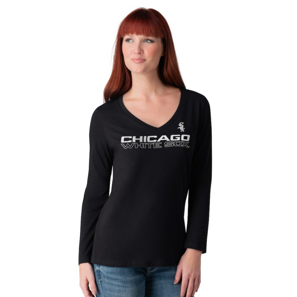 Chicago White Sox G-III 4Her by Carl Banks Women's Post Season Long Sleeve V-Neck T-Shirt - Black T-shirts