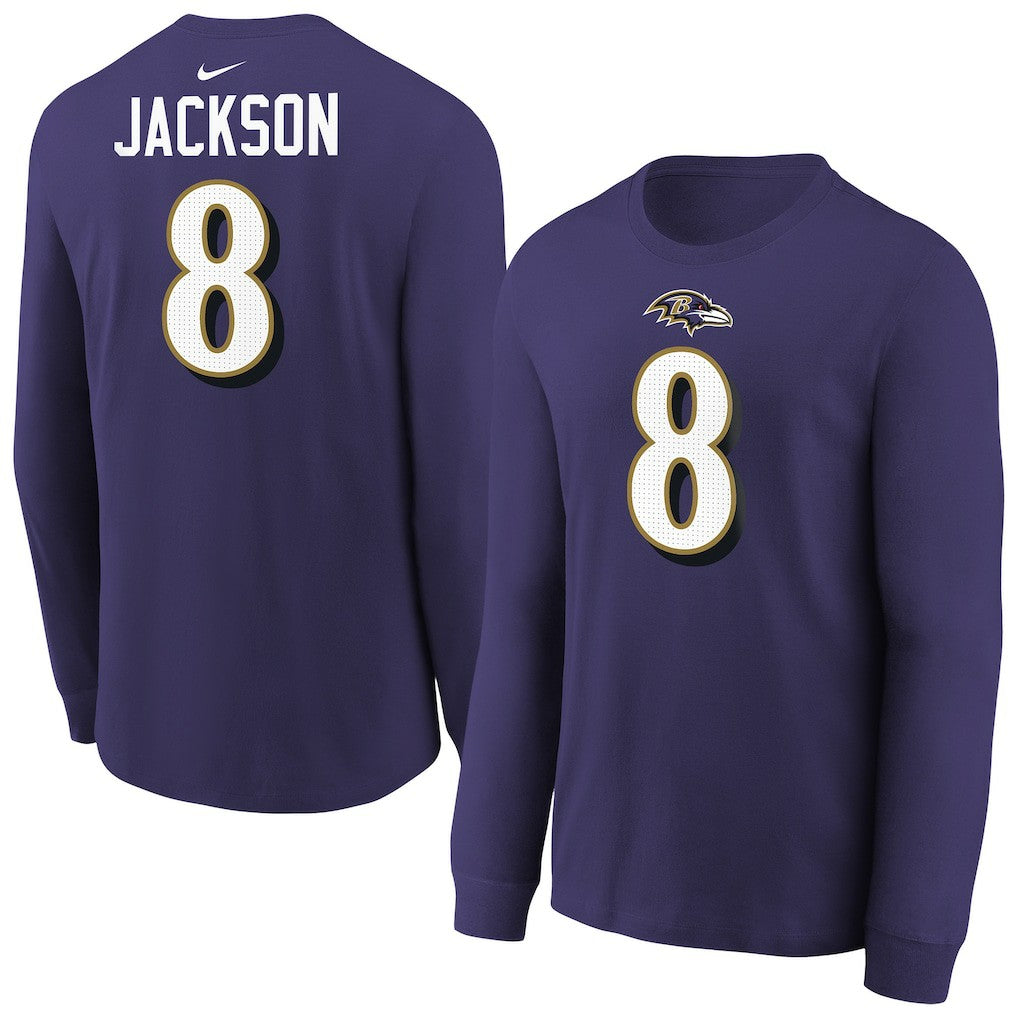 Lamar Jackson Baltimore Ravens Youth Player Name & Number Long Sleeve T-Shirt - Purple T-shirts