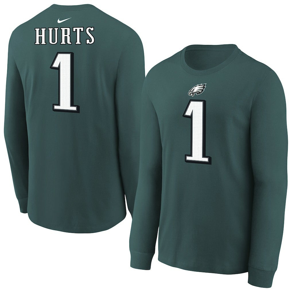 Jalen Hurts Philadelphia Eagles Youth Player Name & Number Long Sleeve T-Shirt - Midnight Green T-shirts