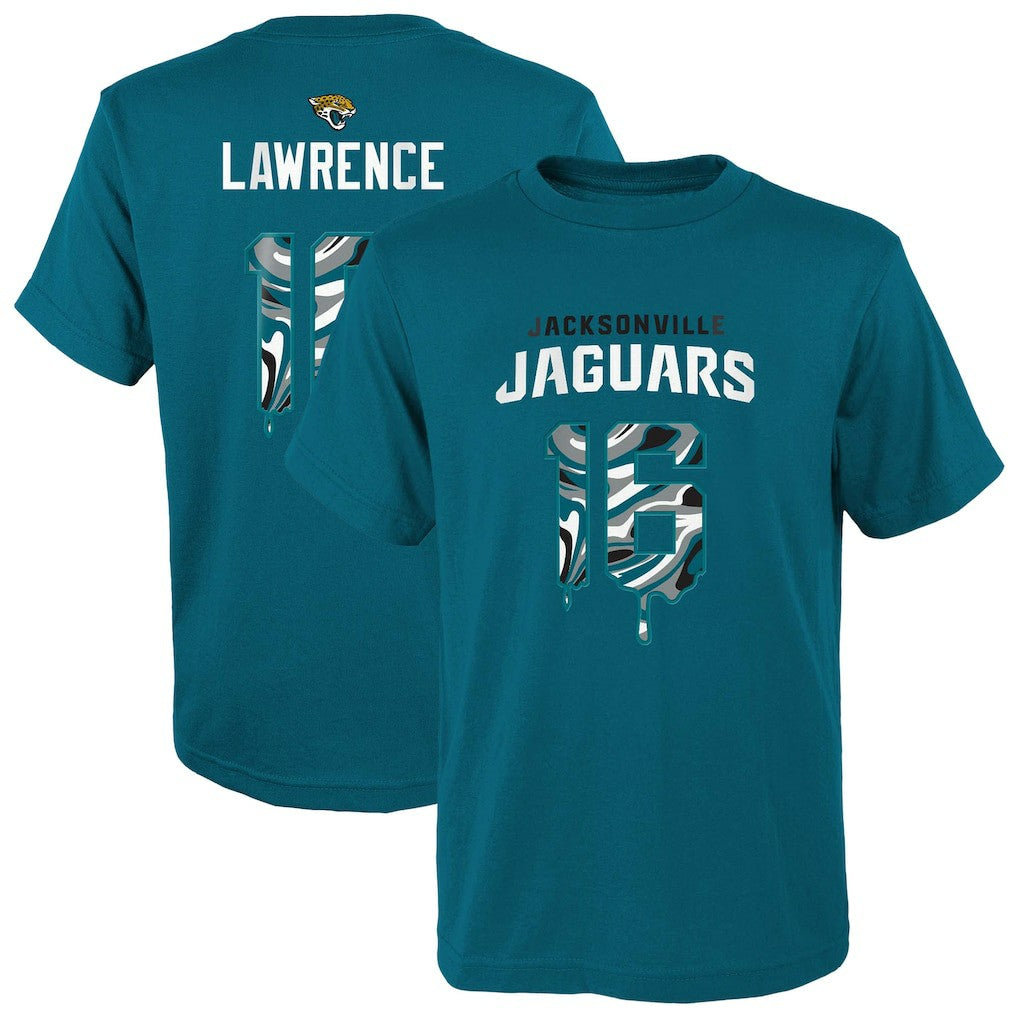 Trevor Lawrence Jacksonville Jaguars Youth Mainliner Drip Player Name & Number T-Shirt - Teal T-shirts
