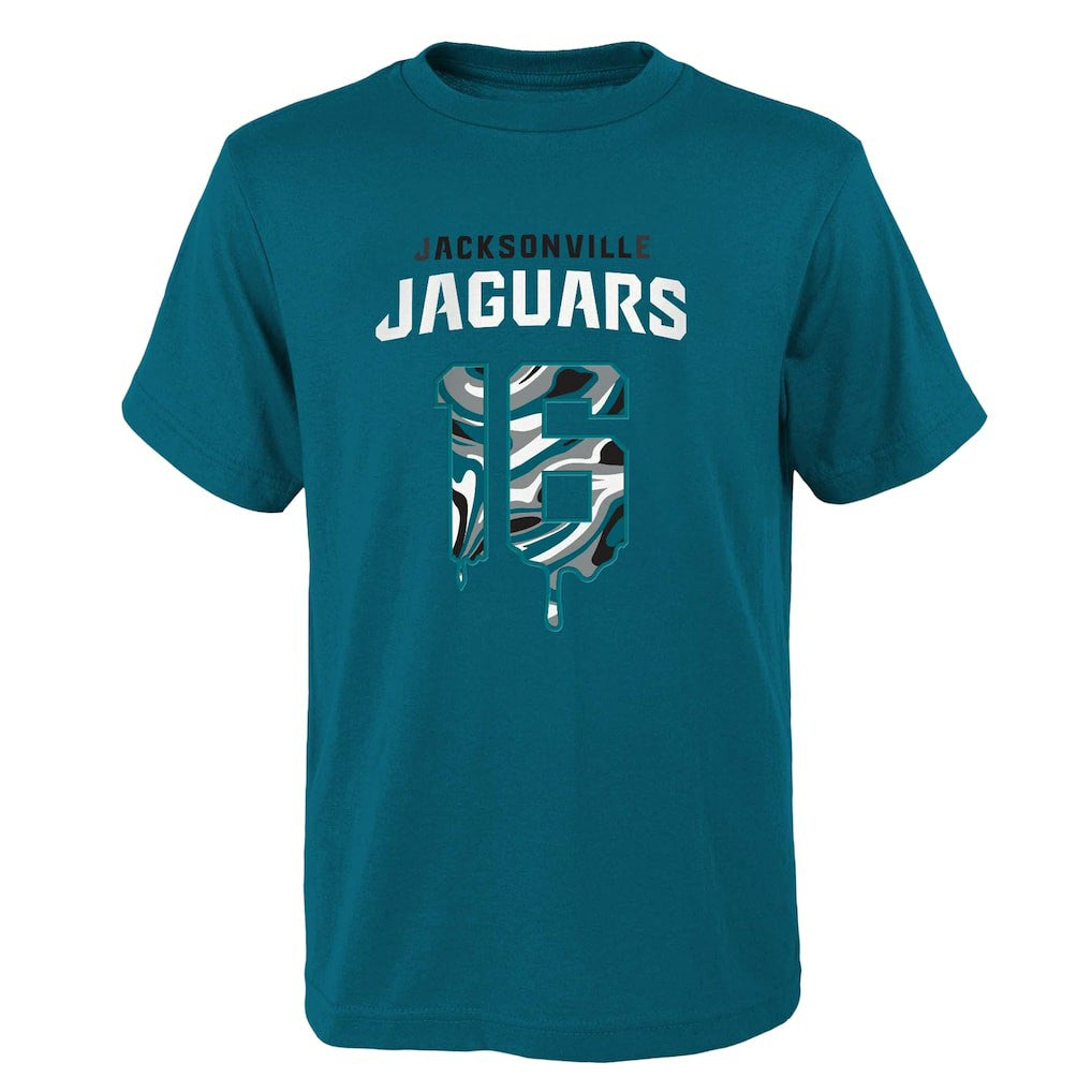 Trevor Lawrence Jacksonville Jaguars Youth Mainliner Drip Player Name & Number T-Shirt - Teal T-shirts