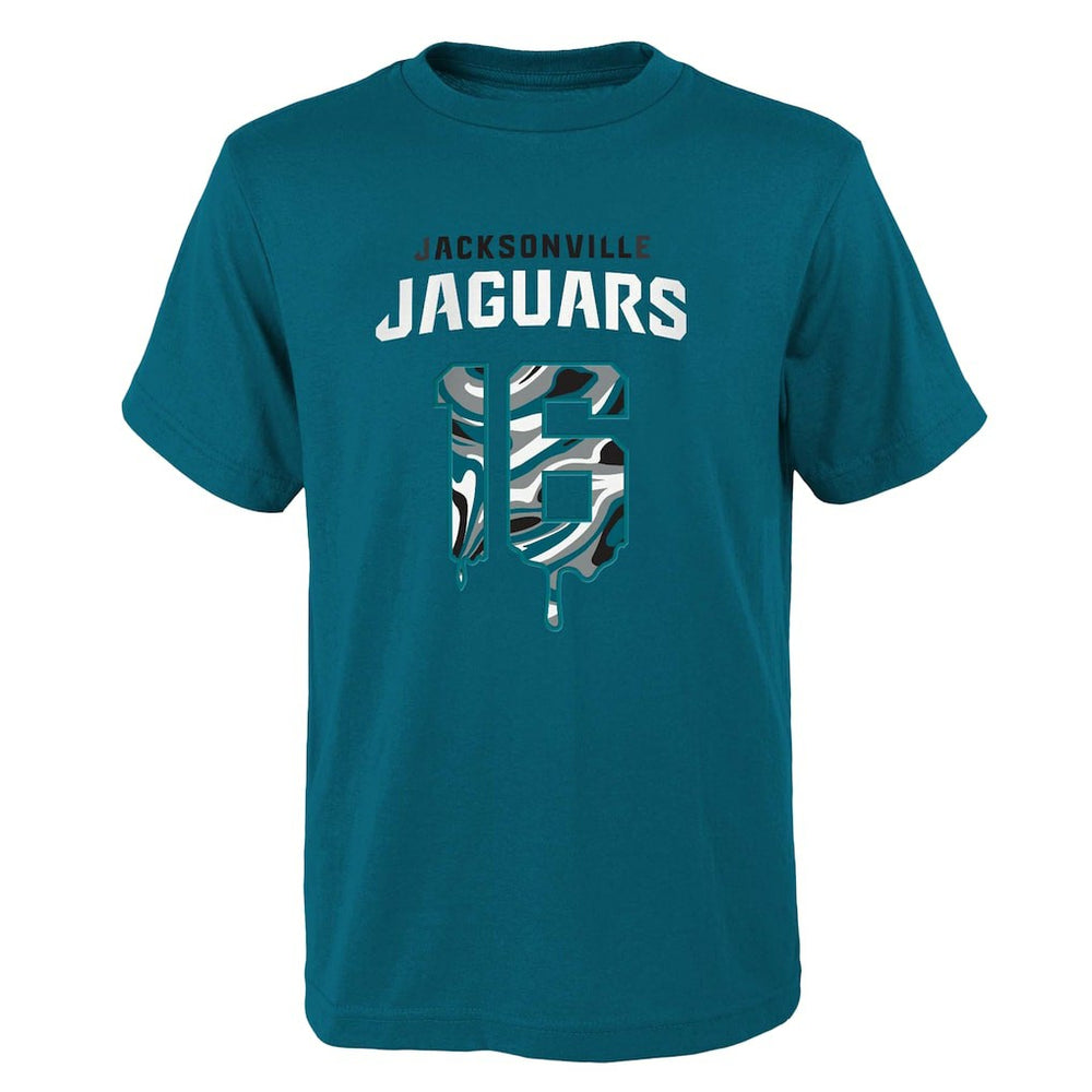 Trevor Lawrence Jacksonville Jaguars Youth Mainliner Drip Player Name & Number T-Shirt - Teal T-shirts