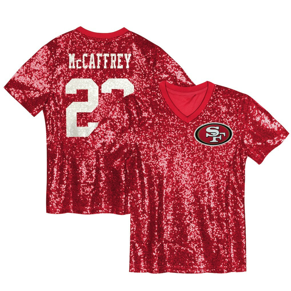 Christian McCaffrey San Francisco 49ers Women's Player Name & Number V-Neck Fashion Jersey - Scarlet Jerseys
