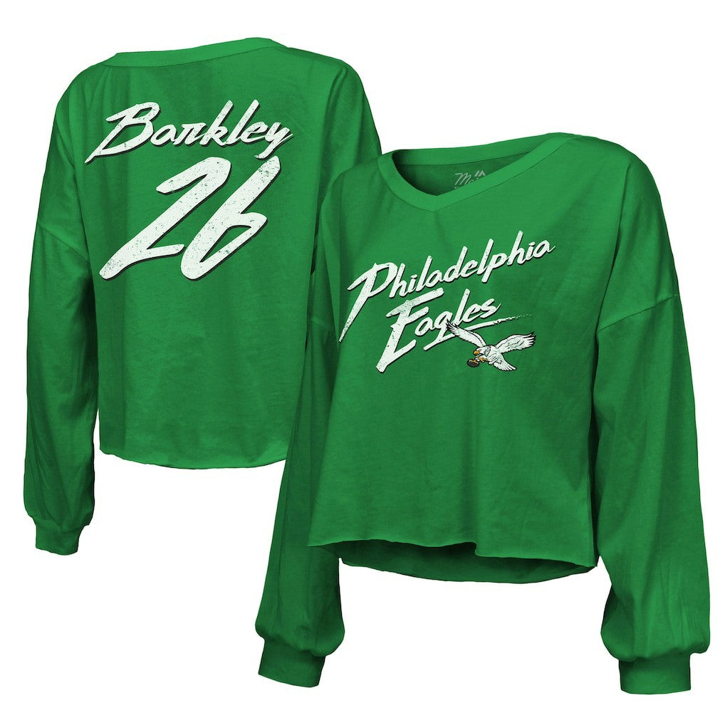Saquon Barkley Philadelphia Eagles Majestic Threads Women's Name & Number Off-Shoulder Script Cropped Long Sleeve Relaxed V-Neck T-Shirt - Kelly Green T-shirts