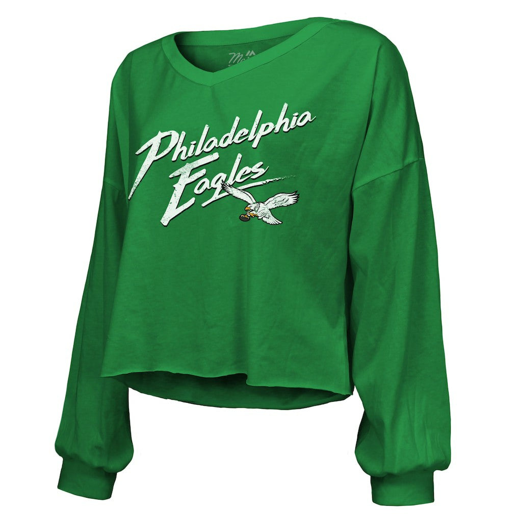 Saquon Barkley Philadelphia Eagles Majestic Threads Women's Name & Number Off-Shoulder Script Cropped Long Sleeve Relaxed V-Neck T-Shirt - Kelly Green T-shirts
