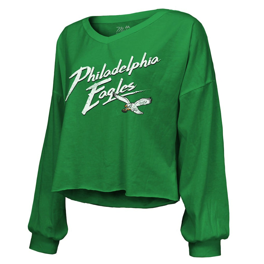 Saquon Barkley Philadelphia Eagles Majestic Threads Women's Name & Number Off-Shoulder Script Cropped Long Sleeve Relaxed V-Neck T-Shirt - Kelly Green T-shirts