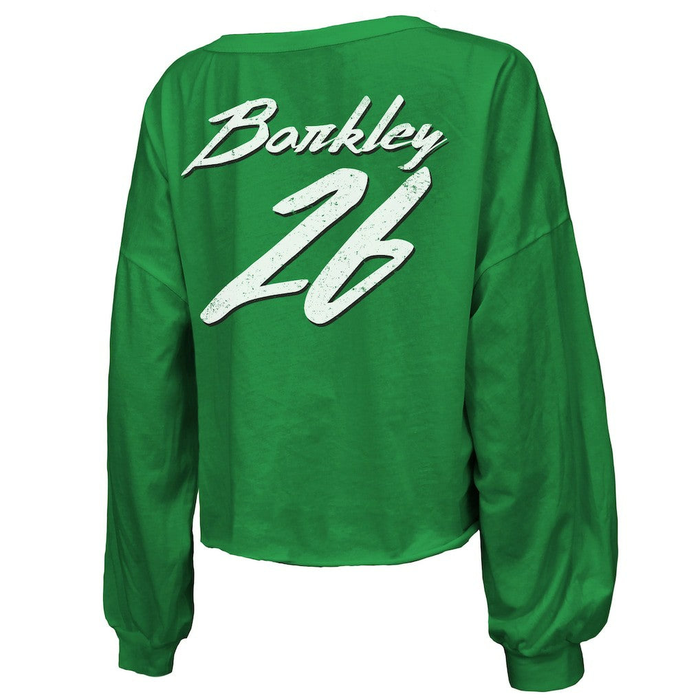 Saquon Barkley Philadelphia Eagles Majestic Threads Women's Name & Number Off-Shoulder Script Cropped Long Sleeve Relaxed V-Neck T-Shirt - Kelly Green T-shirts